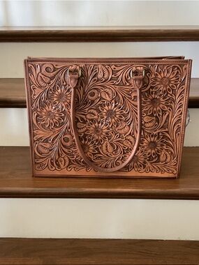 American Darling Hand-Tooled Floral Leather Tote in Cognac Brown